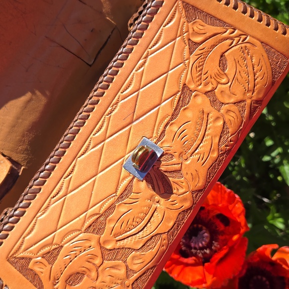 HAND TOOLED Cowhide Leather Purse with Melamine handle. VINTAGE Brown /Tan - Picture 15 of 17